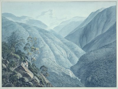 View from Murichon, looking northwards up the channel of the Teenchoo, on the road to Tacissudon, Bhutan by Samuel Davis